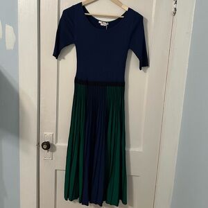 Boden Blue and Green Pleated Midi Dress